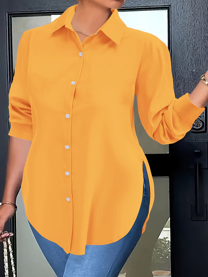 Elegant Women'S Plus Size Shirt - Polyester Long Sleeve Lapel Collared Button-Down Flared Hem Top with Slight Stretch