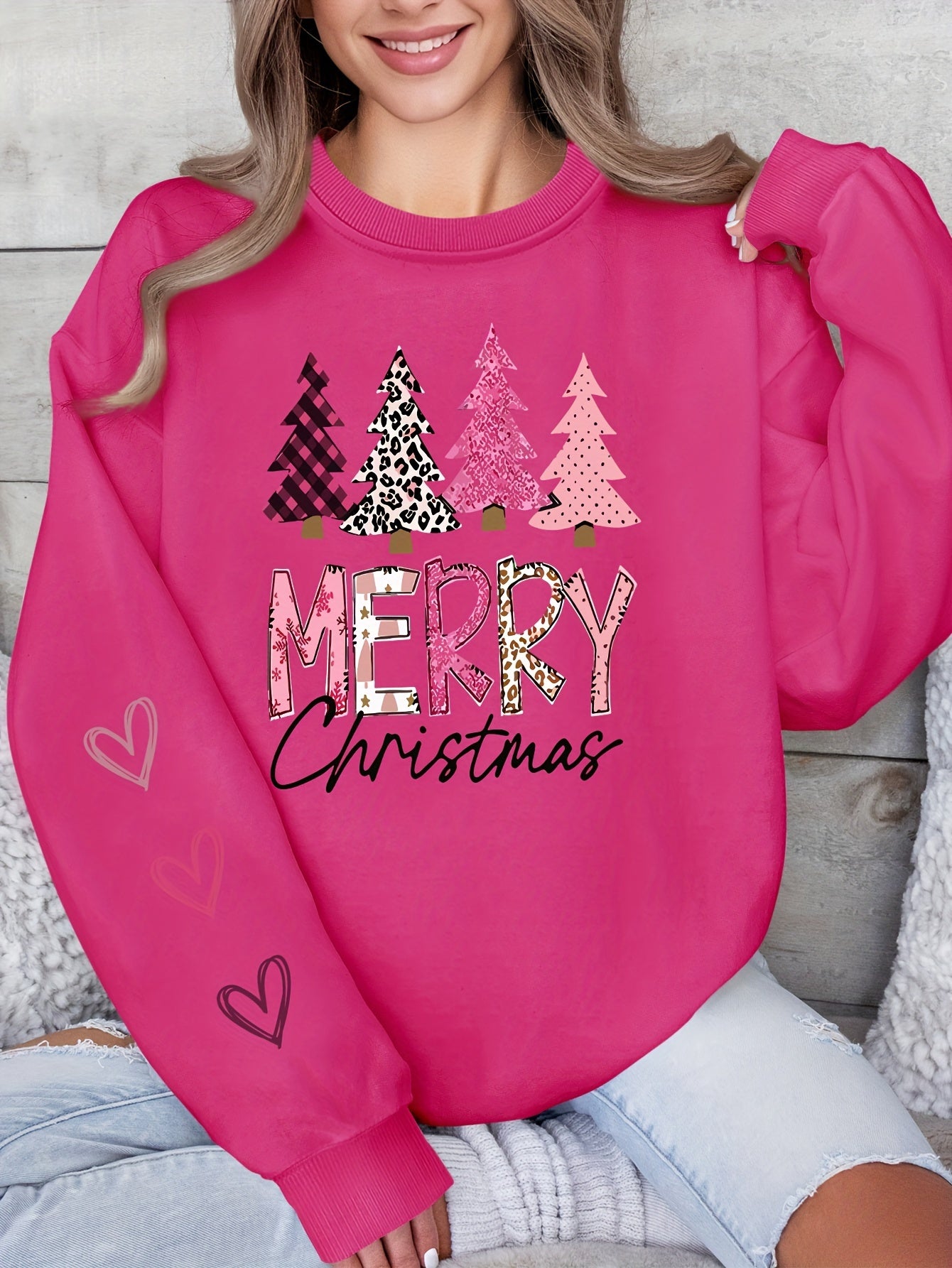 Women'S Festive Christmas Sweatshirt, Casual Pullover Crew Neck, Knit Polyester Fabric, Holiday Fashion Hoodie, Merry Christmas Tree Design, Spring/Summer/Autumn Season