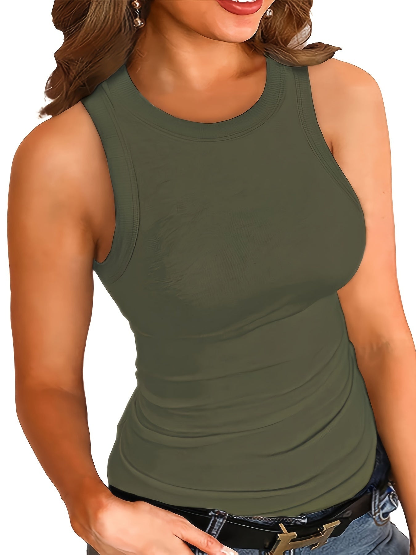 Plus Size Solid Crew Neck Sleeveless Vest Top - Soft Slight Stretch Polyester Fabric, Casual Pullover for Weekend, All Seasons - Oversized, No Belt, No Printing, No Sheer