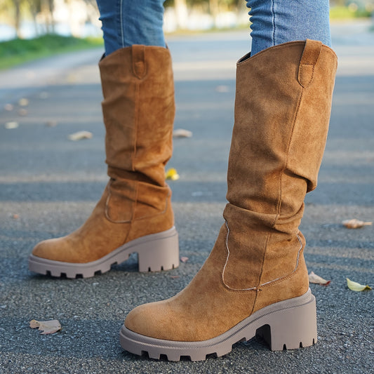 [1 pieza de botas de media pantorrilla para mujer] Botas de media pantorrilla para mujer, de color sólido, sin cordones, con punta redonda, tacón de bloque, parte superior de tela, suela interior, tacón alto, suela de goma