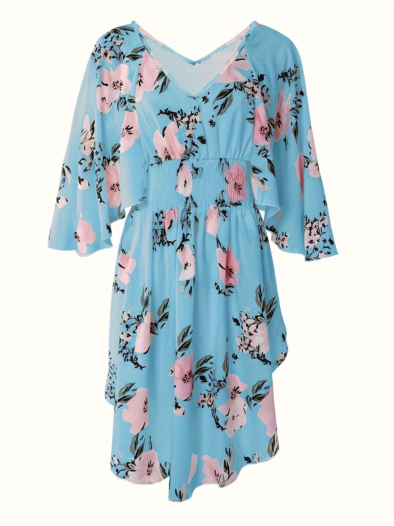 Vestido elegante de talla grande con escote en V y cintura fruncida con estampado floral, dobladillo irregular fluido, cómodo y transpirable, perfecto para primavera y verano, ropa de mujer de talla grande para ocasiones al aire libre e informales