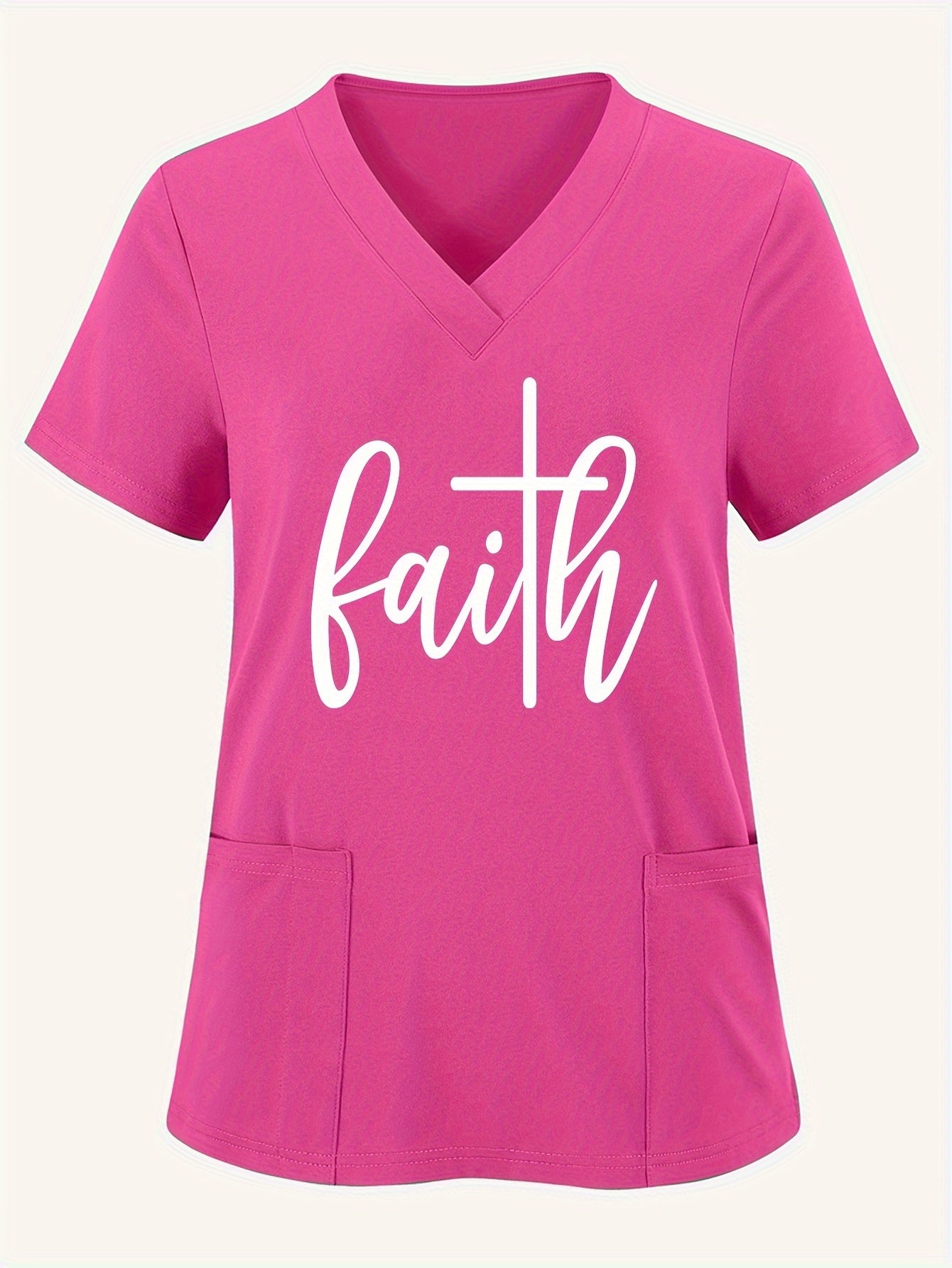 Camiseta de cuello en V con estampado del alfabeto de Vintage Faith: camiseta de enfermera de corte relajado para mujer con bolsillos, abertura lateral, mangas cortas, tejido de punto de mezcla de poliéster, elástica, estilo pulóver