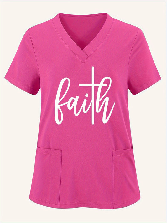 Vintage Faith Alphabet Print V-Neck T-Shirt - Women's Relaxed Fit Nurse Top with Pockets, Side Slit, Short Sleeves, Polyester Blend Knit Fabric, Elastic, Pullover Style