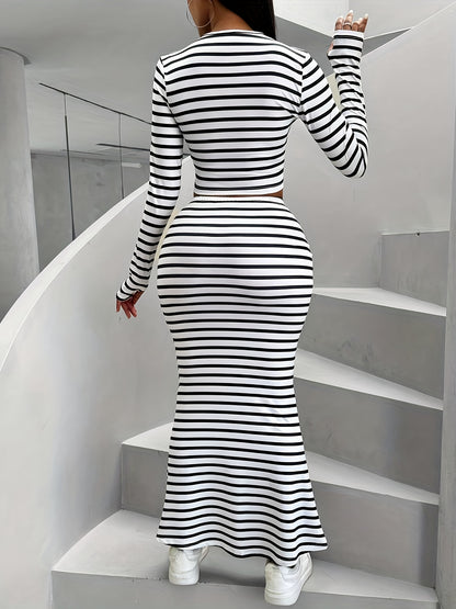 Long Sleeve Crew Neck Crop Top and High Waist Striped Print Skirt Set - Soft Rib-Knit Polyester Fabric, Elegant and Chic Outfit for Women - Hand Wash or Dry Clean, All Season Wear