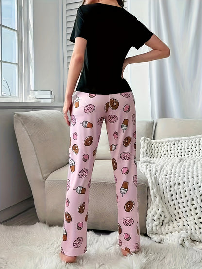 Chic Coffee & Donut Print Pajama Set - Comfy Short Sleeve & Stretch Waist Sleepwear for Women