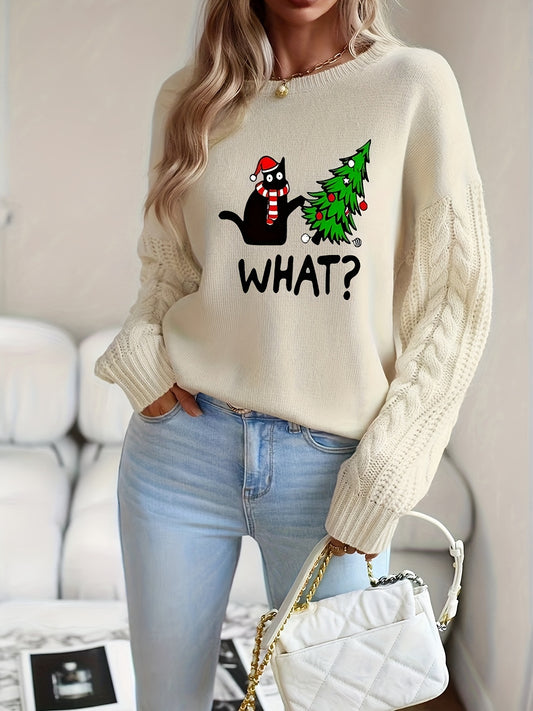 Women's Chic Crew Neck Pullover Sweater with Christmas Cat and Tree Print - Casual Long Sleeve Knitwear, Cotton Blend, Alphabet Pattern, Perfect for Fall/Winter