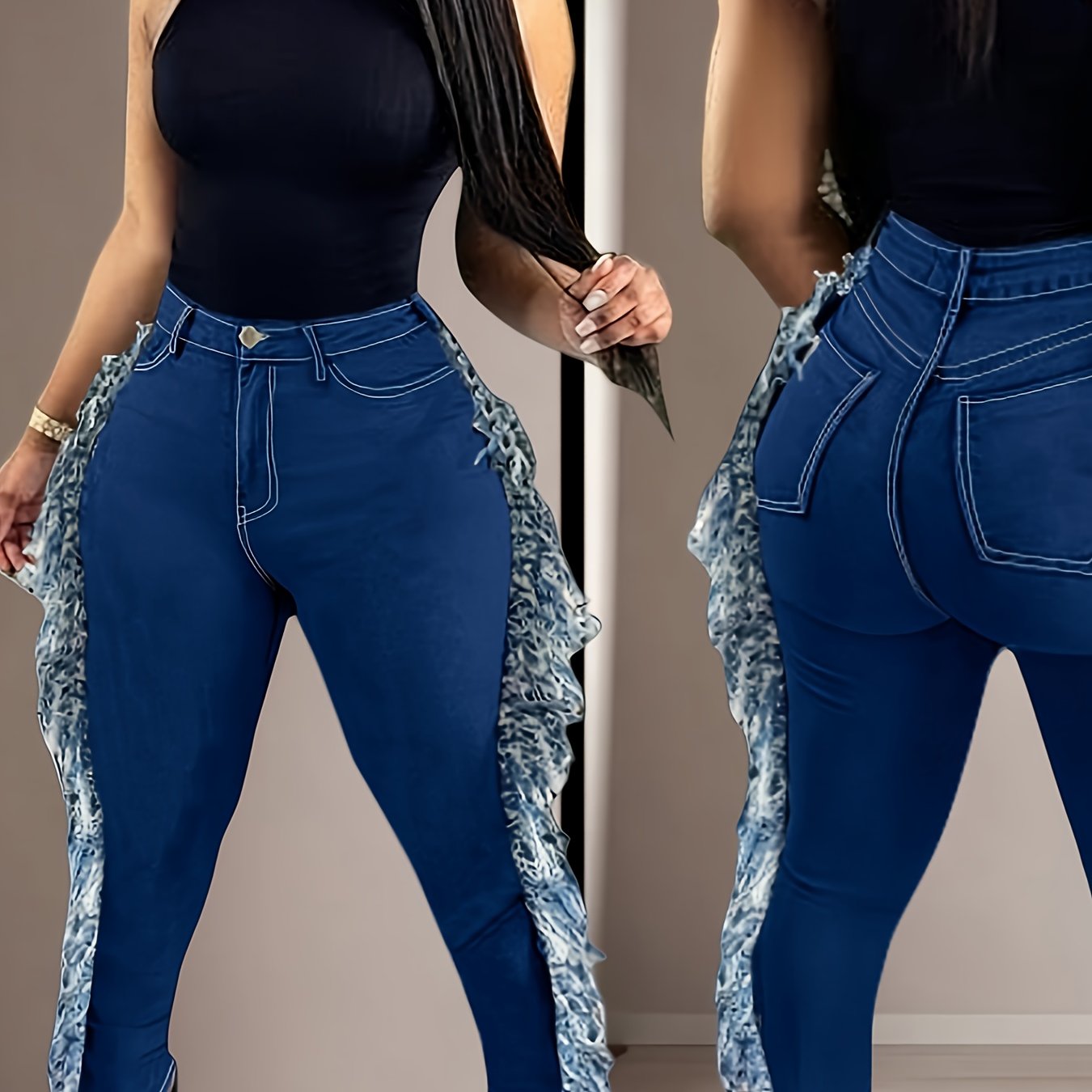 Plus size women's high-waist skinny denim pants with raw hem and fringe detail, showcasing front and back views.