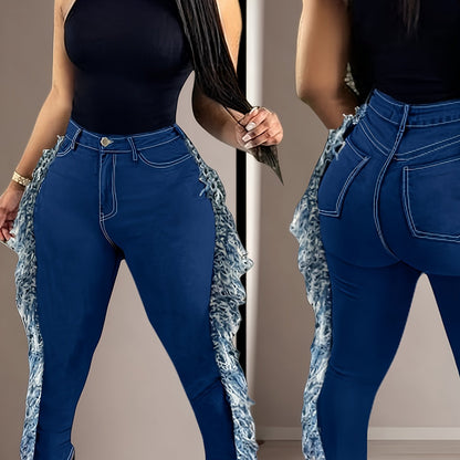 Plus size women's high-waist skinny denim pants with raw hem and fringe detail, showcasing front and back views.