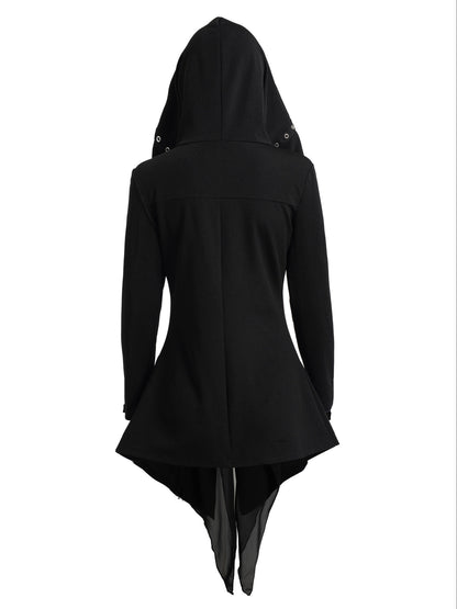 Y2K-Inspired Gothic Chiffon Jacket with Metal Eyelet Detail - Oversized Hooded Outerwear for Fall/Winter, Perfect for Street Parties & Rock Styles