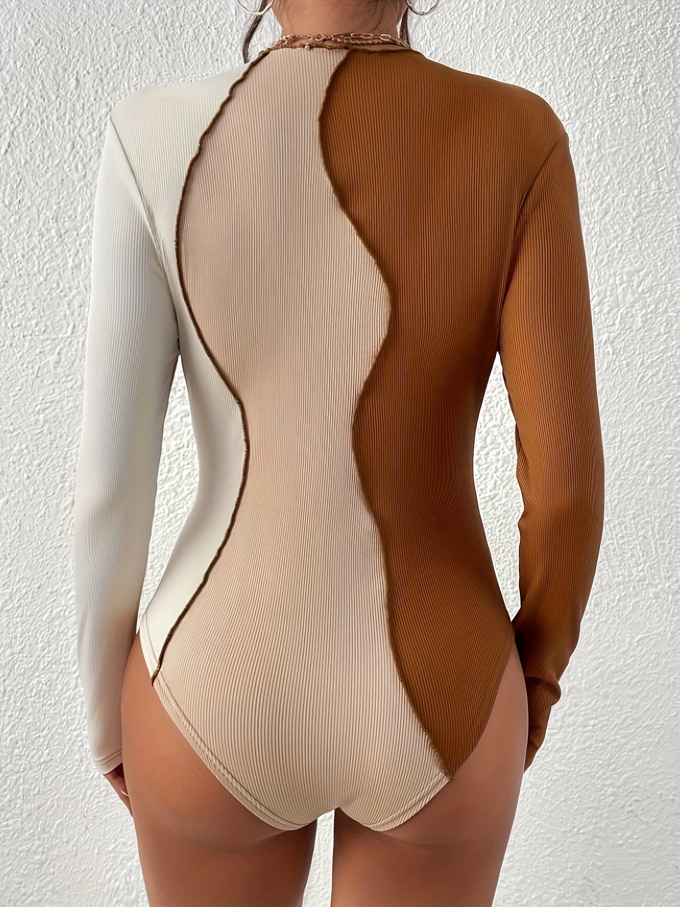 Color Block Top-stitching Bodysuit, Sexy Long Sleeve Bodysuit For Spring & Fall, Women's Clothing