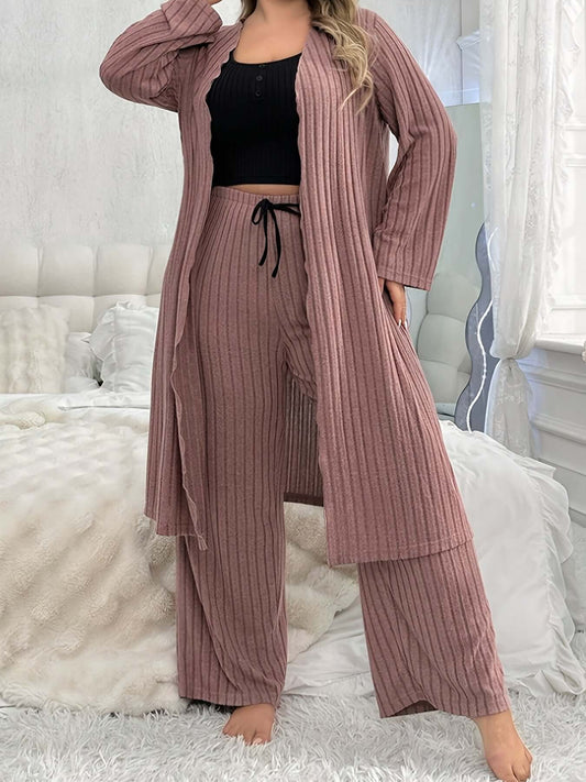 Plus Size Casual Lounge Set, Women's Solid Ribbed Long Sleeve Wavy Edge Cardigan & Crop Tank Top & Pants Pajama 3 Piece Set