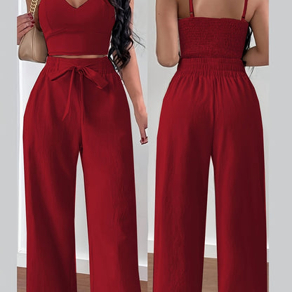 Women's Elegant Solid Color Polyester Off-Shoulder Top and Wide Leg Pants Set