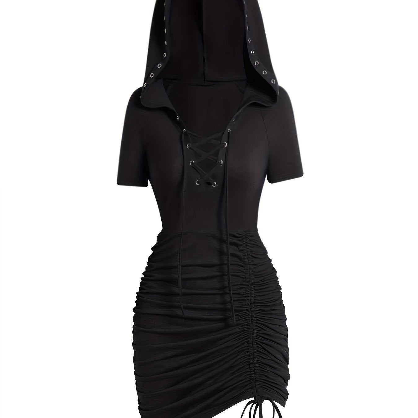 Plus Size Women's Solid Color Gothic Style Tie-Waist Ruffled Long Sleeve Hooded Dress, Polyester and Elastane, Machine Washable