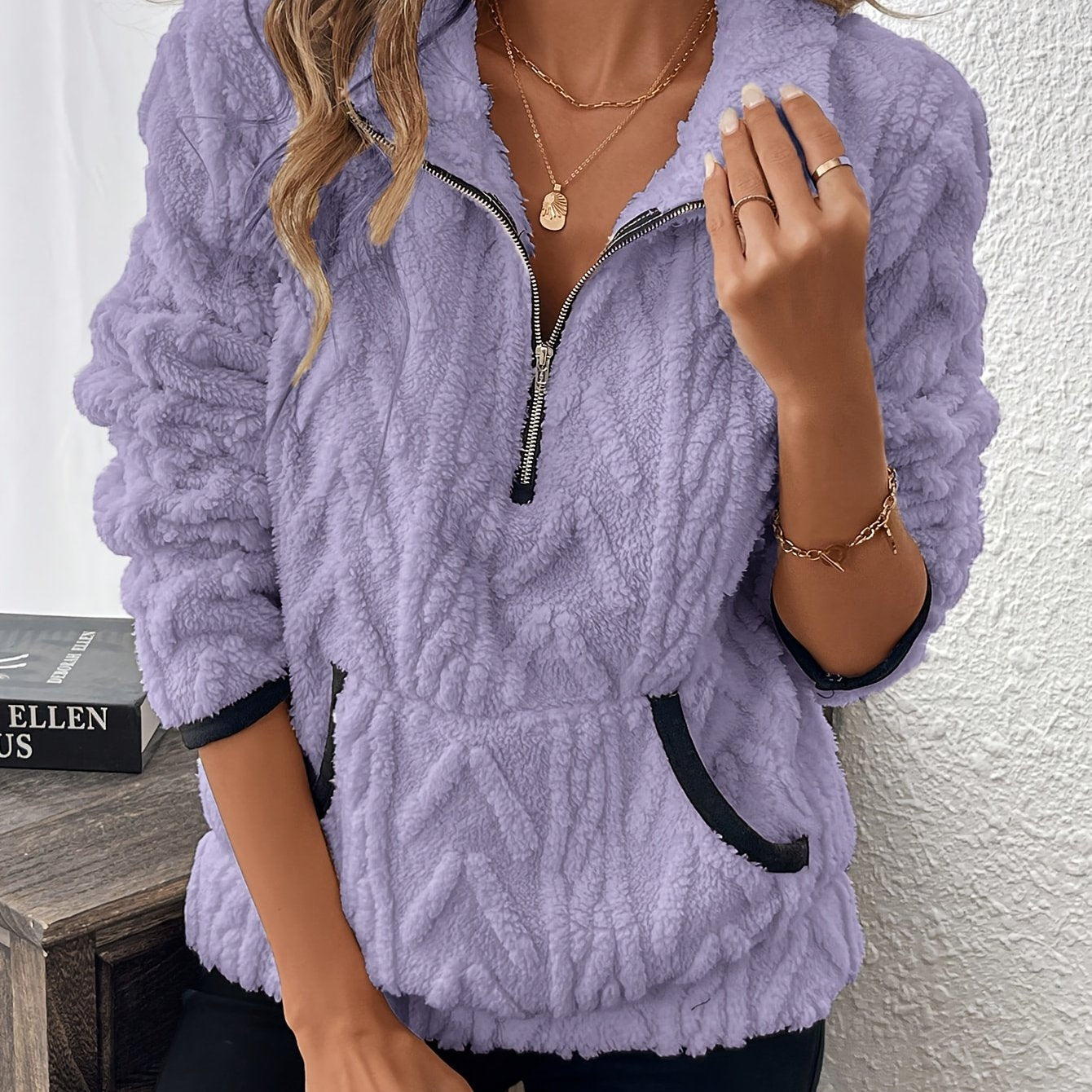 Fashion Fuzzy Sweatshirt, Polyester Knit Fabric, Solid Color, with Lapel Collar and Zipper Detail, for All-Season Comfort Pullover