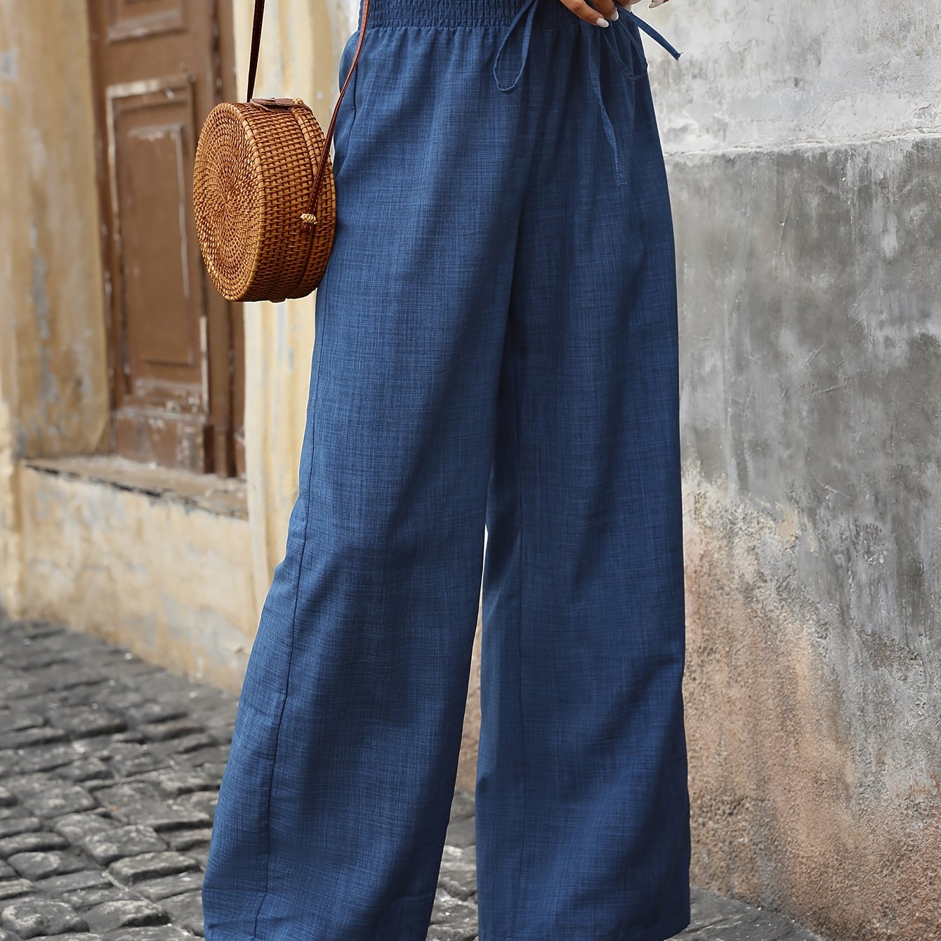 Solid Color Fake Drawstring Wide Leg Pants - Casual High Waist Versatile Pants