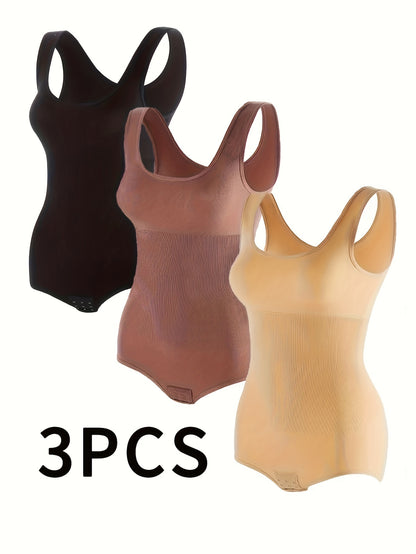 3-Pcs Women's Round Neck Triangle Body Shaper Vest, Solid Color Sports Body Shaper for Fitness and Everyday Wear