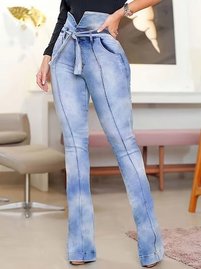 Plus size high waist flared jeans with a bowknot belt, split hem, and ruched pintuck detail in washed blue denim for women