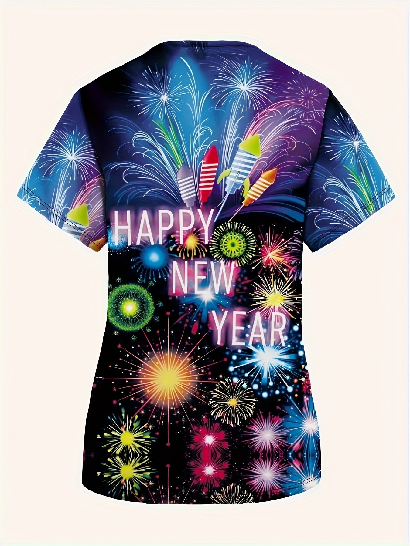 Women's Fashion V-Neck Short Sleeve Top with Pockets - Happy New Year Fireworks Design, Comfortable & Stretchy Polyester Blend, Machine Washable