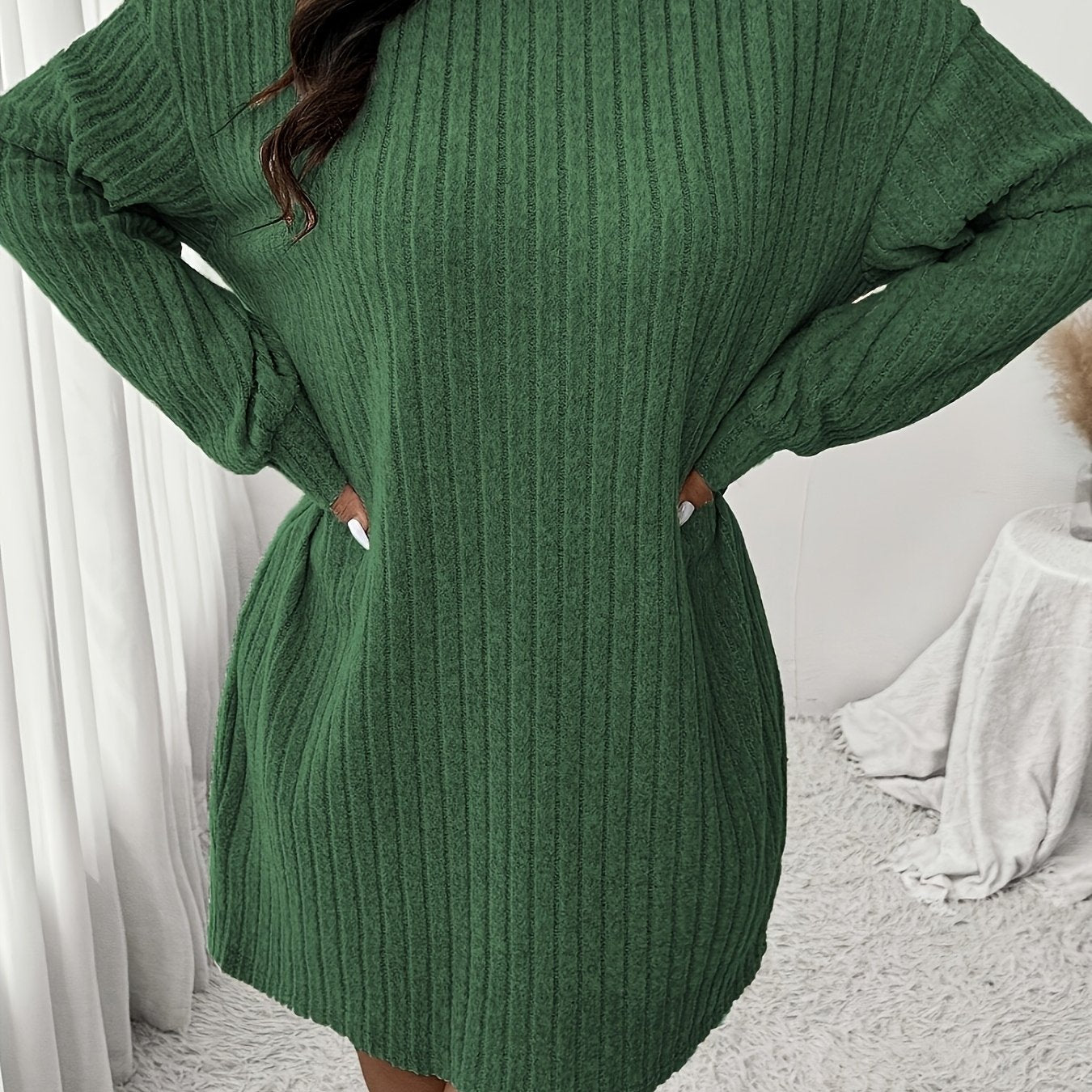 Women'S Plus Size High Neck Rib-Knit Knit Dress, Casual Long Sleeve Knee-Length Pullover