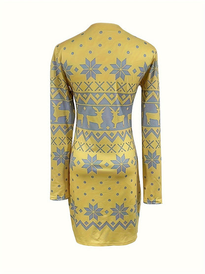 Christmas Deer Print Bodycon Dress, Casual Crew Neck Long Sleeve Mini Dress, Women's Clothing