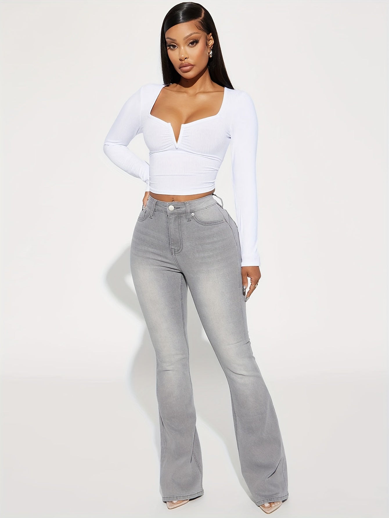 Stylish Washed Grey Flare Leg Denim Jeans - LuxyXO