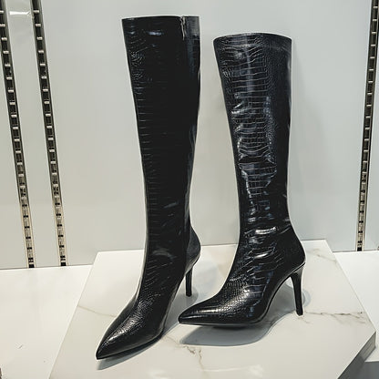 Knee-High Boots - Sexy Glossy Croc-Embossed Stiletto Heels