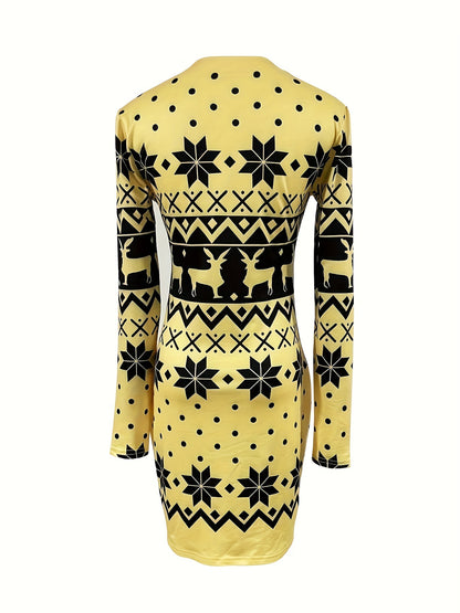 Christmas Deer Print Bodycon Dress, Casual Crew Neck Long Sleeve Mini Dress, Women's Clothing