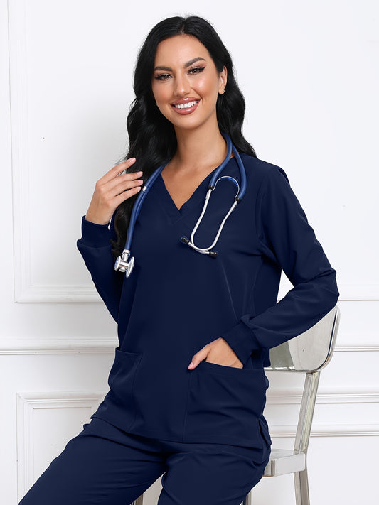 Elegante uniforme médico de manga larga para mujer, cuello en V, bolsillos de parche funcionales, tela transpirable, ajuste cómodo, uniforme de atención médica, ropa de trabajo médica, fácil cuidado, lavable a máquina