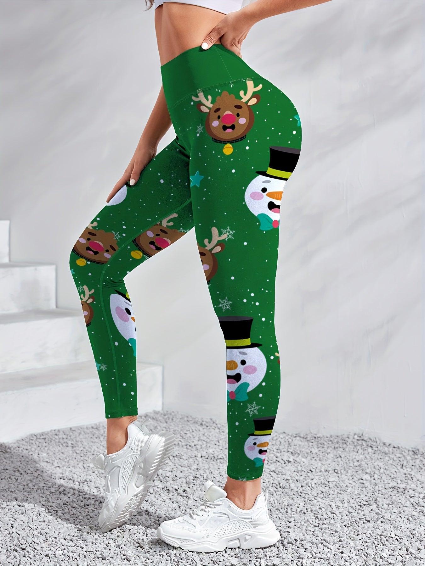 Women'S High-Waisted Yoga Leggings, Christmas Cartoon Snowman & Reindeer Print, Quick-Dry Breathable Fabric, Stretchy Polyester, Color Block Detail, Regular Fit, All-Season Fitness Wear