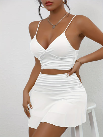 Solid Sexy Two-piece Set, V Neck Spaghetti Strap Cami Top & Ruffle Hem Mini Skirts Outfit