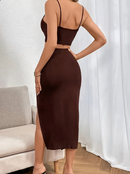 Two Piece Women's Solid Color Summer Casual Dresses Corseted Khaki Top and Drawstring Split Skirt Set