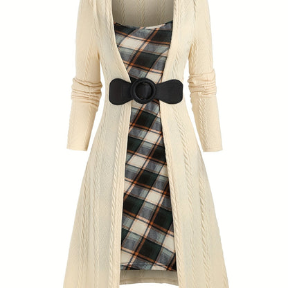 Stitching Plaid Print Dress, Casual Long Sleeve Dress, Women's Clothing