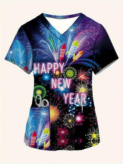 Women's Fashion V-Neck Short Sleeve Top with Pockets - Happy New Year Fireworks Design, Comfortable & Stretchy Polyester Blend, Machine Washable