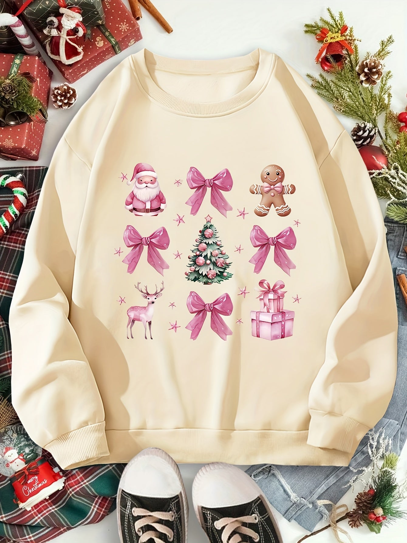 Cozy Fleece-Lined Christmas Santa Claus & Bow Print Sweatshirt for Women - Casual Crew Neck, Long Sleeve Pullover with Kangaroo Pocket, Machine Washable Polyester Blend, Perfect for Fall/Winter