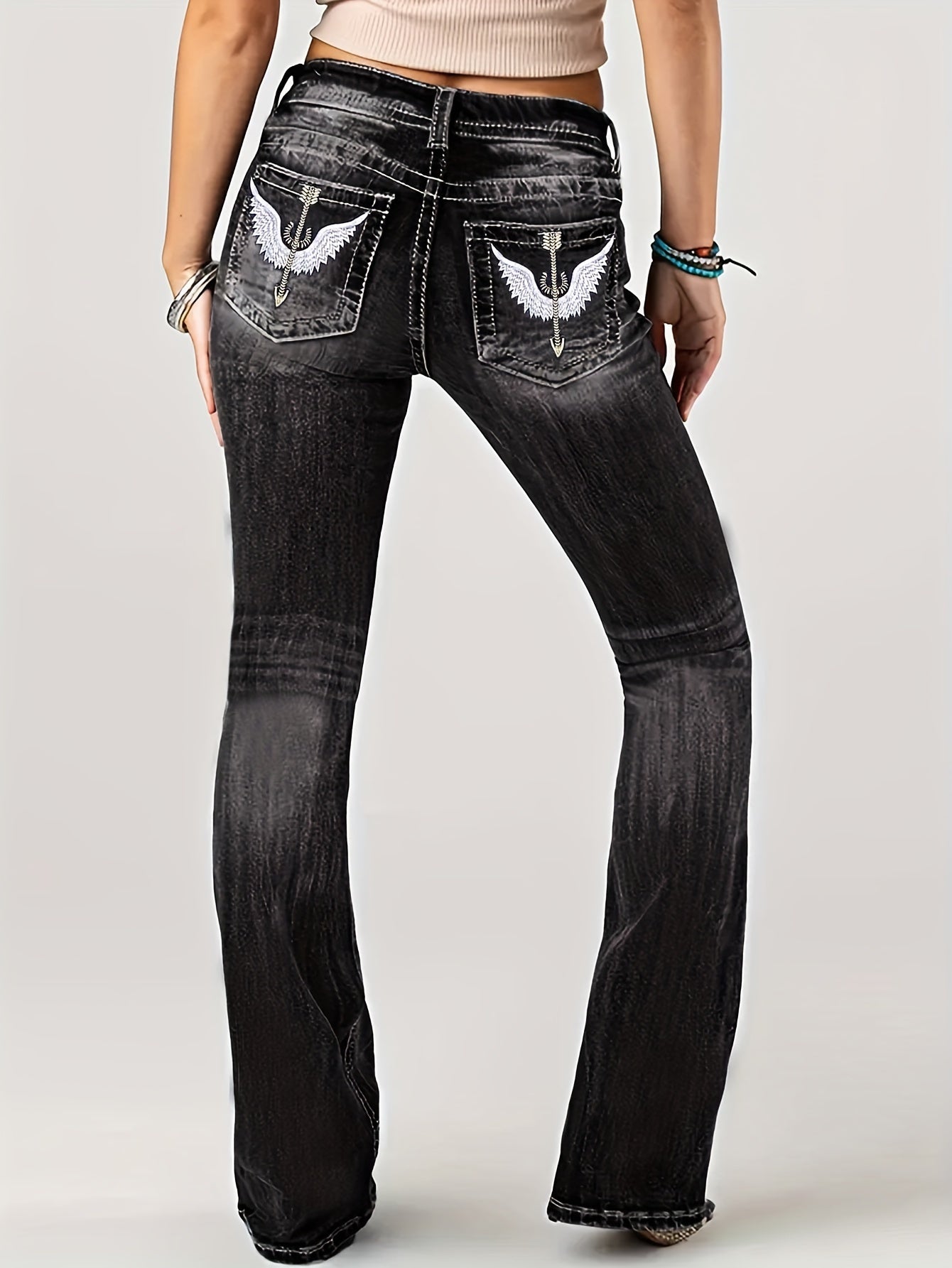 Stylish Black Wing Embroidered High-Waisted Jeans - LuxyXO