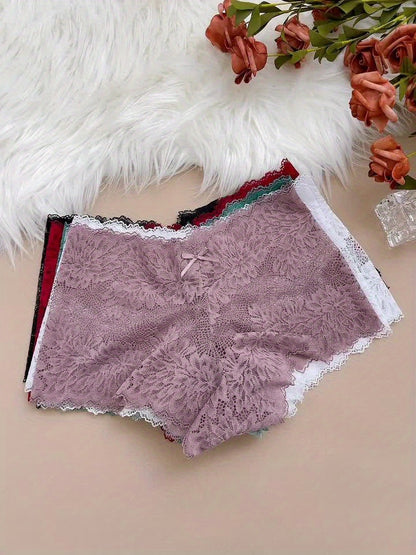 8-piece Set Of Full Lace Four Cornered Pants With Lace Floral Design Underwear, Elegant, Comfortable, Breathable, Flat Cornered Pants, Women's Underwear And Underwear Set