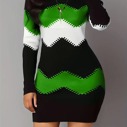 Chic Geometric Print Bodycon Dress - Stretchy Long Sleeve Crew Neck, Perfect for Spring/Fall - Women's Fashion