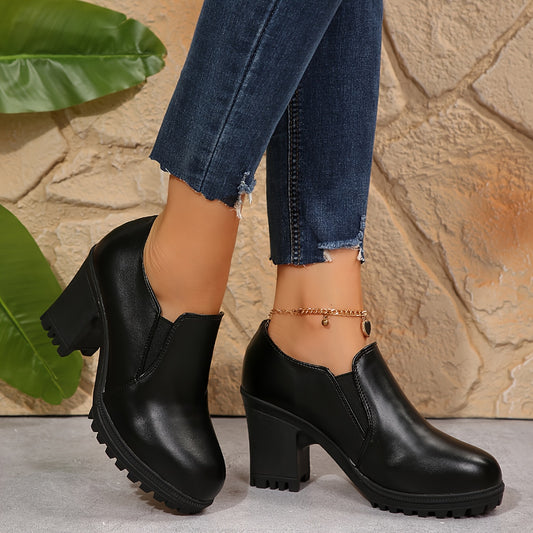 Zapatos de tacón alto grueso clásicos para mujer, zapatos de suela blanda para madre, zapatos de trabajo negros ligeros con plataforma impermeable y tacón alto