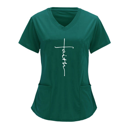 Fashionable green women's V-neck scrubs top with "faith" letter print and practical patch pockets for healthcare professionals.