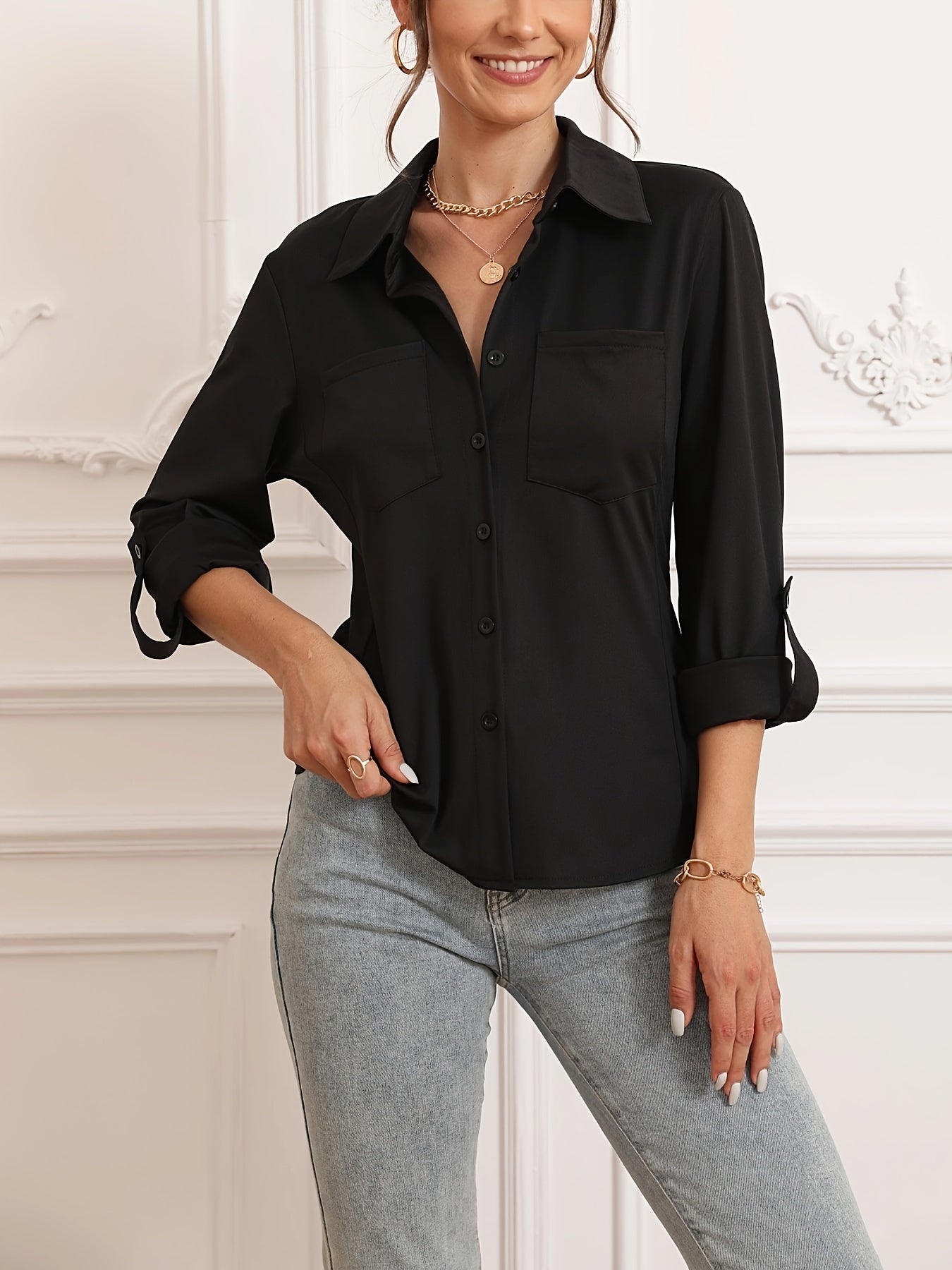 Camisa elegante con botones en el frente, de color sólido vibrante, manga larga, detalle de bolsillo, corte relajado, tela transpirable, perfecta para primavera y otoño, ropa informal para mujer