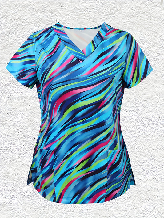 Vibrant Striped Print V-Neck Short Sleeve T-Shirt - Functional Patched Pockets, Breathable Fabric, Casual Comfortable Design - Ideal Health Care Uniform for Nurses, Women's Clothing