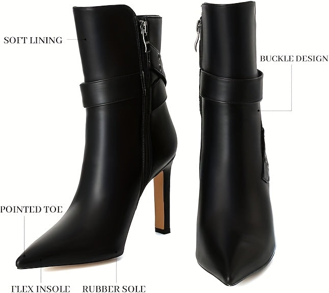 Pointed Ankle Boots Pointed Toe High Heel Mid Calf Side Zipper Short Booties With Buckle Strap - 4 Inch