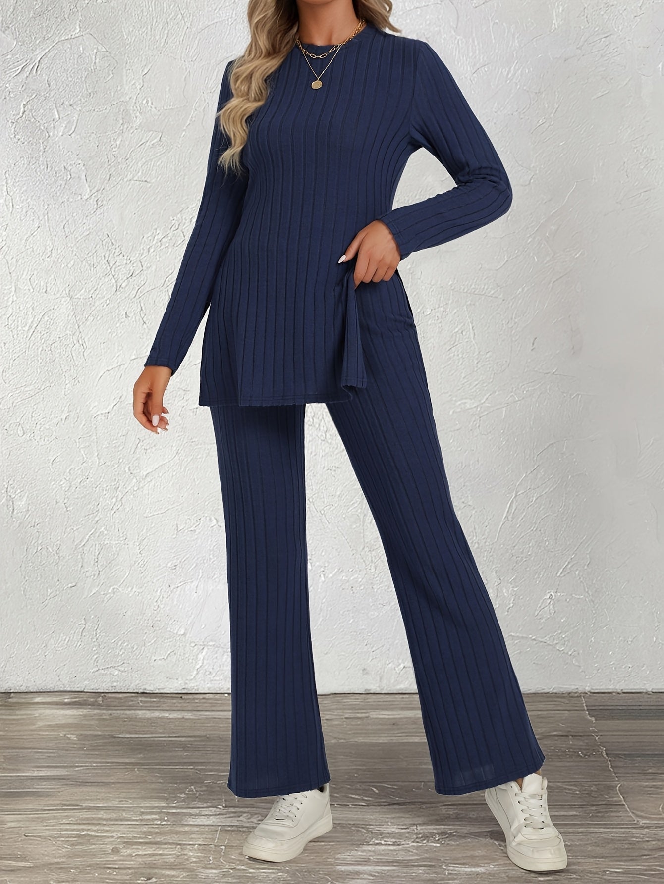 Trendy Two-Piece Ribbed Pantsuit Set - Long Sleeve Crew Neck Split Top & Strait Pants Outfit