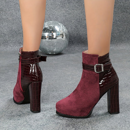 1pr Elegant Flannel Ankle Boots for Women - Solid Color Round Toe Zippered Comfort Boots with Block Heel, TPU Sole, and Flannel Lining for Winter - Motorcycle Style Short Boot with No Printing