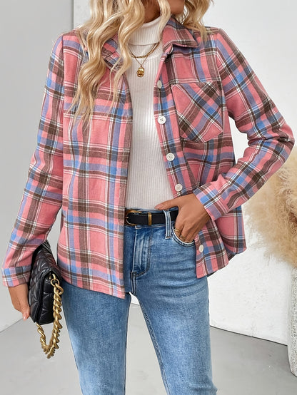 Women's Casual Plaid Long Sleeve Shirt with Fleece Lining and Pockets, Lapel Collar, Button Details, Woven Fall/Winter Jacket