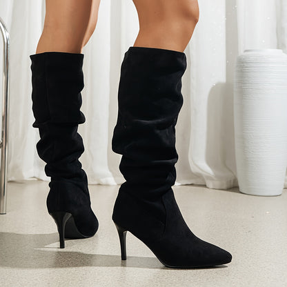 Botas elegantes de terciopelo negro con tacón de aguja para mujer: botas largas con punta puntiaguda y tacón alto con diseño de corte ajustado