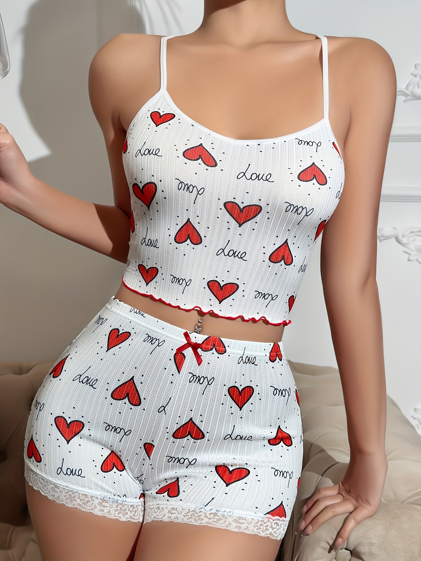 Cozy Heart Print Pajama Set for Women - LuxyXO