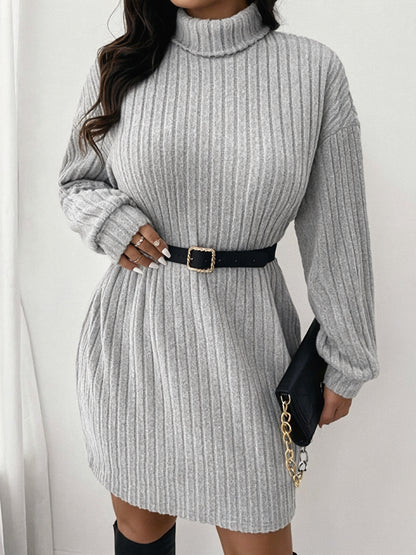 Women'S Plus Size High Neck Rib-Knit Knit Dress, Casual Long Sleeve Knee-Length Pullover