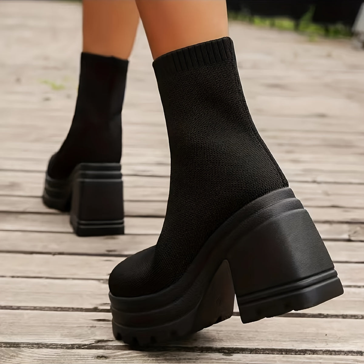 Womens Fashion Solid Color Slip-On Chunky Heel Platform Boots - Effortless Comfort, Airy Knit, Casual Chic Style