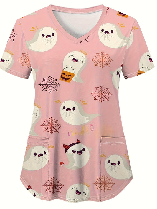 Cute Halloween Ghost Print V-Neck Scrub Top with Pockets - Comfortable & Stylish Women's Nurse Uniform, Short Sleeve